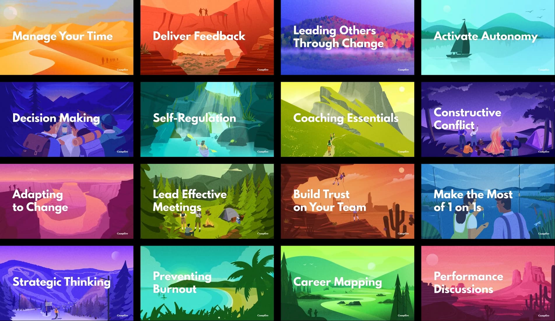 Campfire content catalog showing 50+ leadership workshop topics with illustrated cards