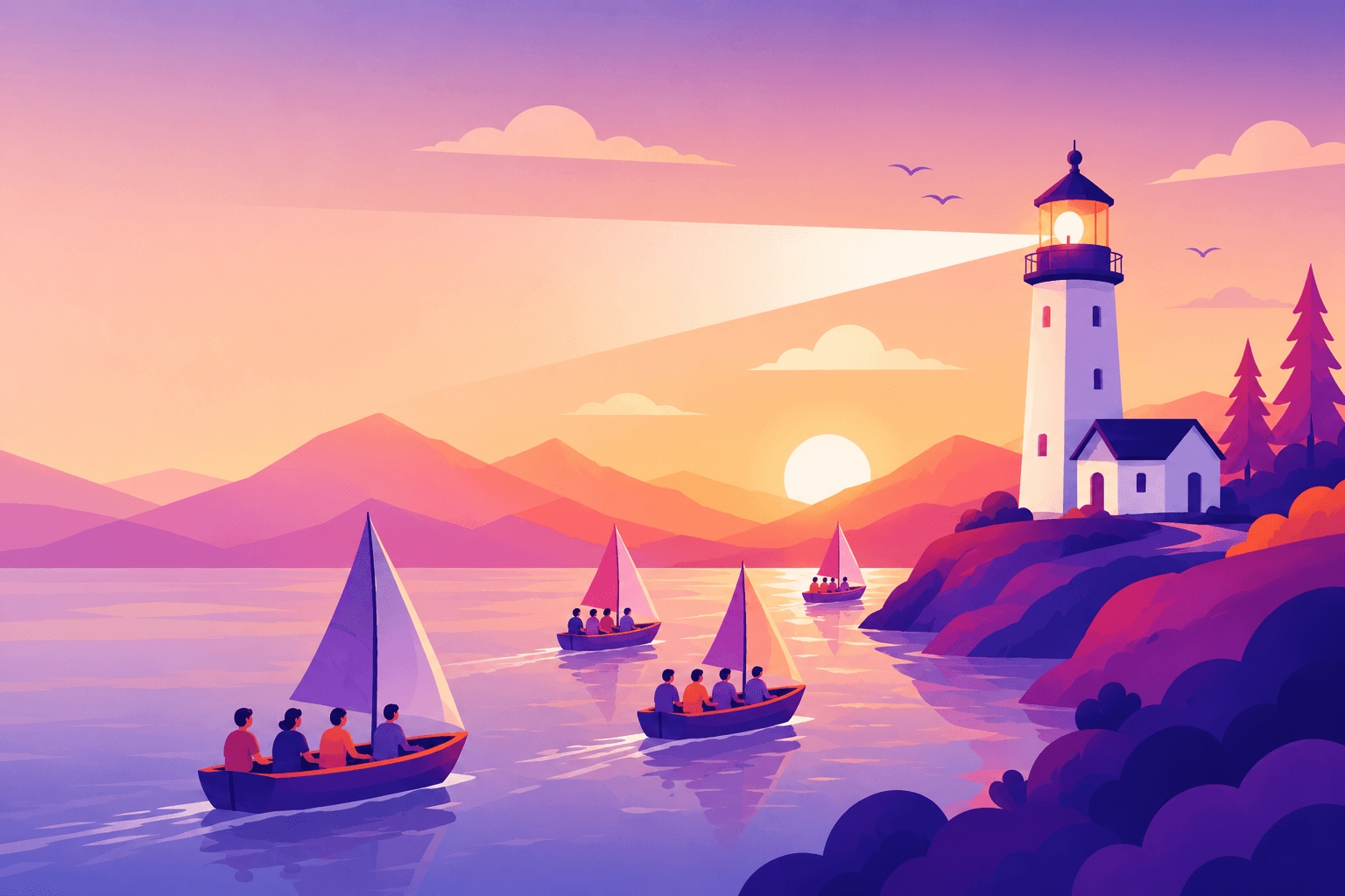 Lighthouse guiding sailboats across calm waters at sunset, representing strategic alignment bringing teams together