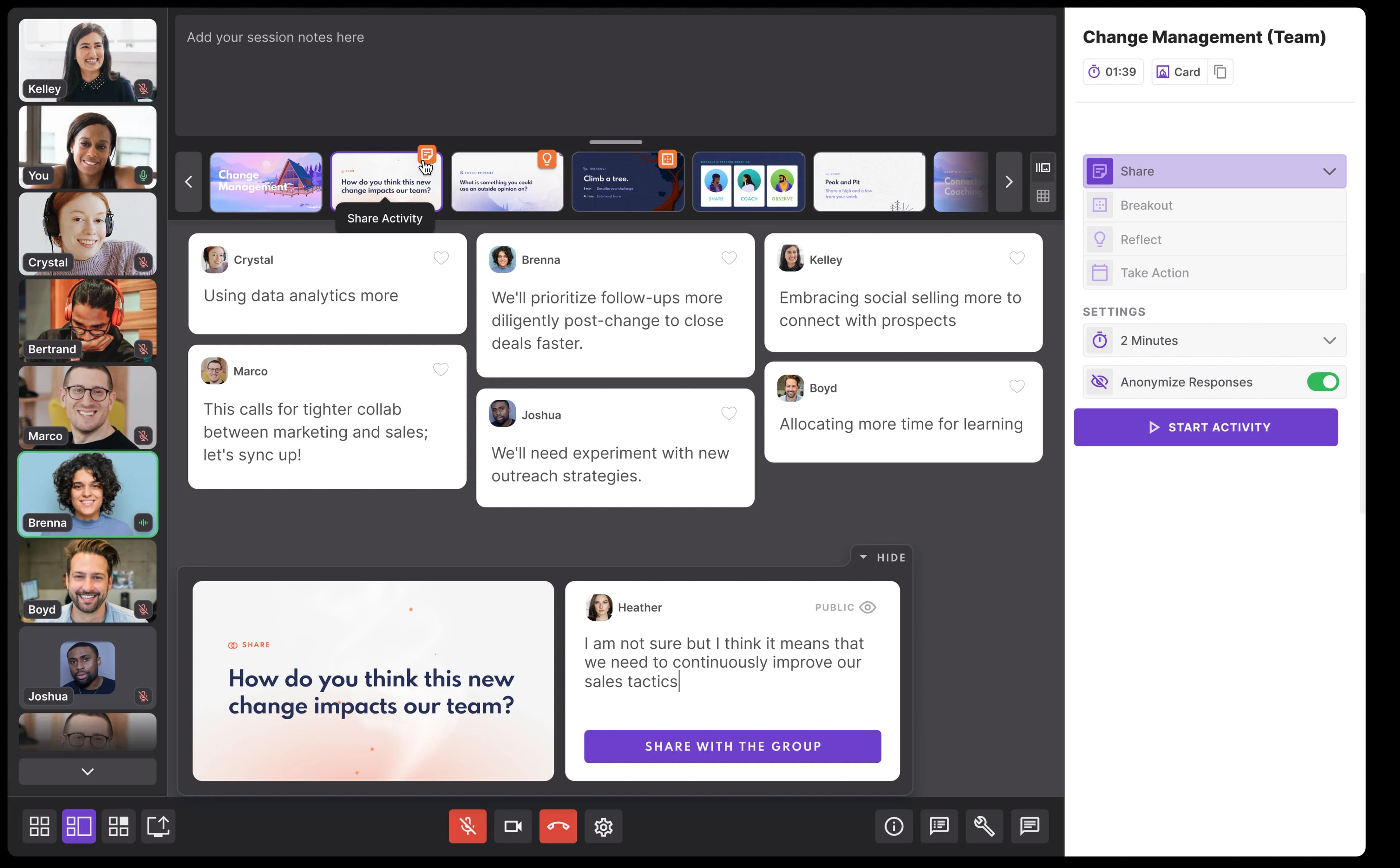 Campfire live session platform showing participants in a facilitated workshop